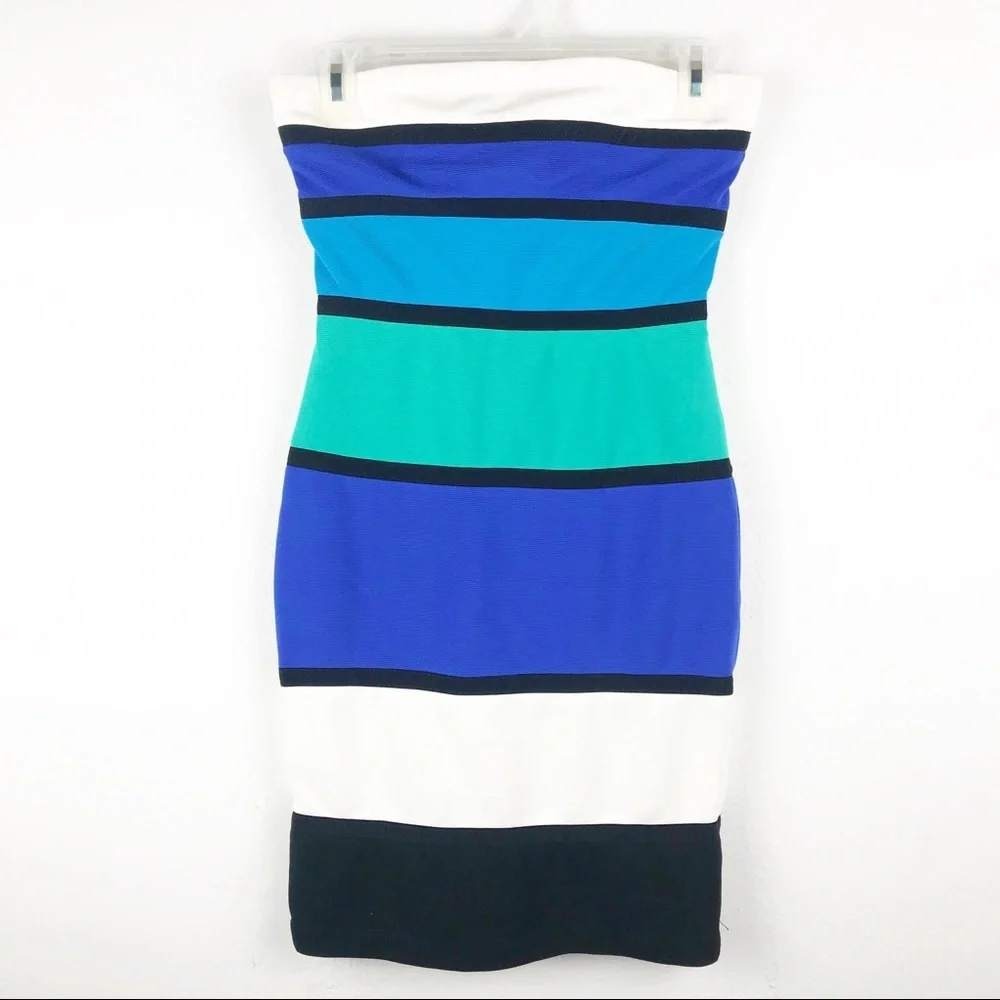 Hot Appeal Colorblock Strapless Bodycon Mini Dress Blue Teal White Small Women